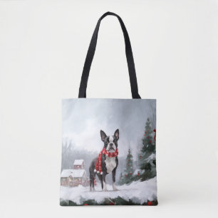 Bolsa Tote Boston Terrier Dog no Natal da neve