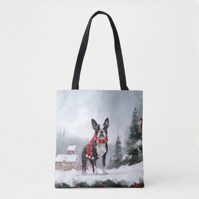 Bolsa Tote Boston Terrier Dog no Natal da neve (Frente)