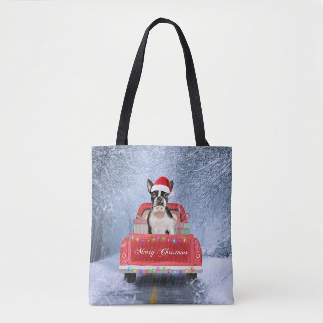 Bolsa Tote Boston Terrier Dog Snow sentada no Caminhão de Nat (Frente)