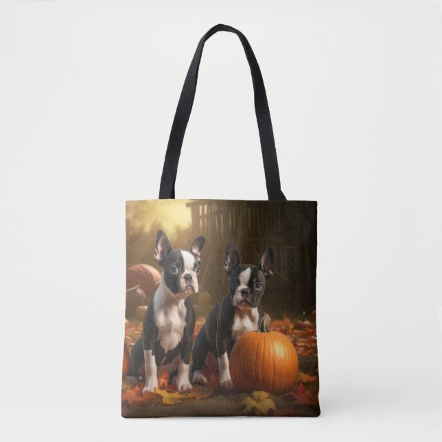 Bolsa Tote Boston Terrier Puppy Autumn Delight Pumpkin (Frente)
