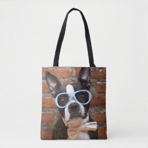 Bolsa Tote Boston Terrier que veste óculos de sol e um laço