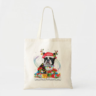 Bolsa Tote Boston Terrier Santa Hat Reindeer Natal