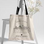 Bolsa Tote Boston Wedding | Linha Skyline Estilizada<br><div class="desc">Um saco de tote de casamento único para um casamento acontecendo na cidade de Boston. Este bolsa apresenta uma ilustração estilizada do horizonte único da cidade com seu nome embaixo. Esta é seguida pelas informações do dia do casamento em um estilo aberto igual.</div>