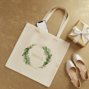 Bolsa Tote Botânica Dourada Verde Personalizar Nome Tote Bag