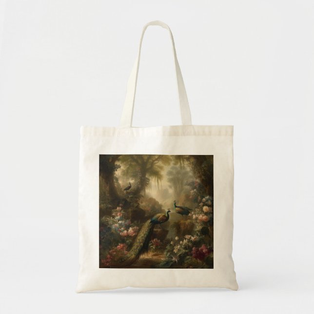 Bolsa Tote Botânica: três pavões no jardim inglês (Frente)