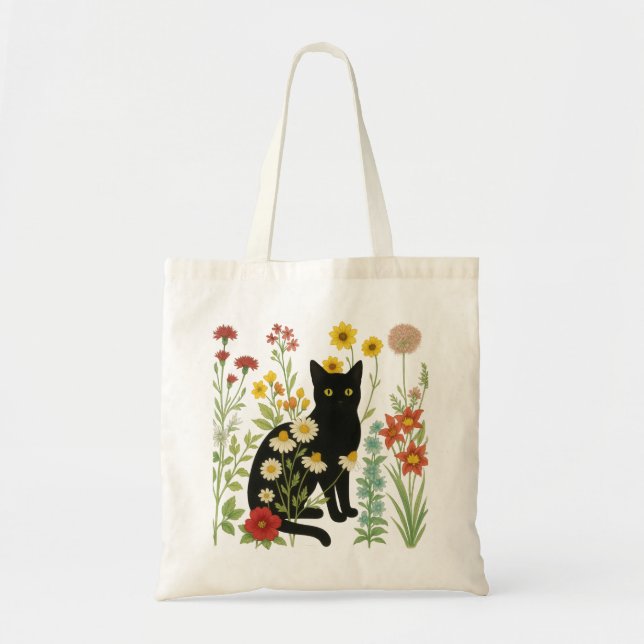Bolsa Tote  Botanical Nature – Black Cat in Wildflower Garden (Frente)