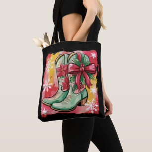Bolsa Tote Botas de Cowgirl de Natal Préppy Coquette Ocidenta