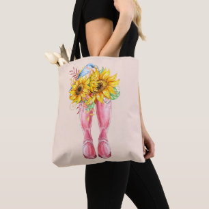 Bolsa Tote Botas Rosa, Pássaro Azul e Girassóis