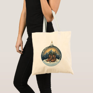 Bolsa Tote Botas Rústicas de Caminhada Cena de Montanha Natal
