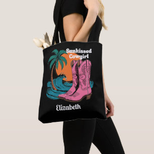 Bolsa Tote Botas Western Cowgirl Bronzeadas Ondas Sol Retro