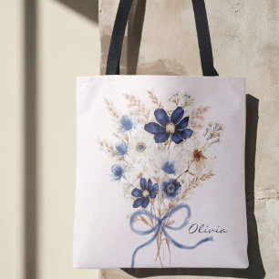Bolsa Tote Bouquet Floral Azul Marinho Aquarela Personalizado
