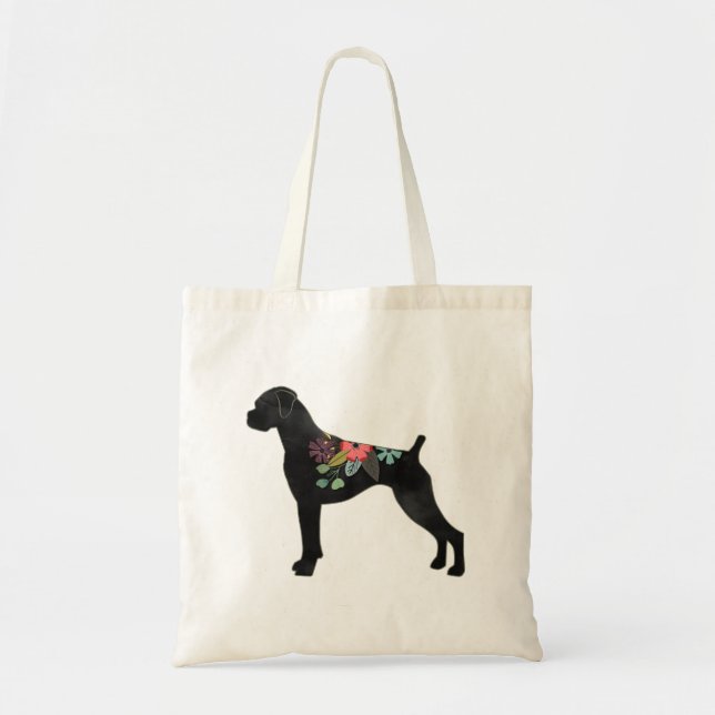 Bolsa Tote Boxer Dog Bree Natural Boho Silhouette Floral (Frente)