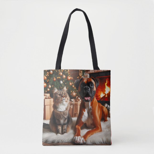 Bolsa Tote Boxer Dog e Cat Christmas (Frente)