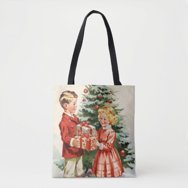 Bolsa Tote Boy and girl giving each other Christmas presents (Frente)