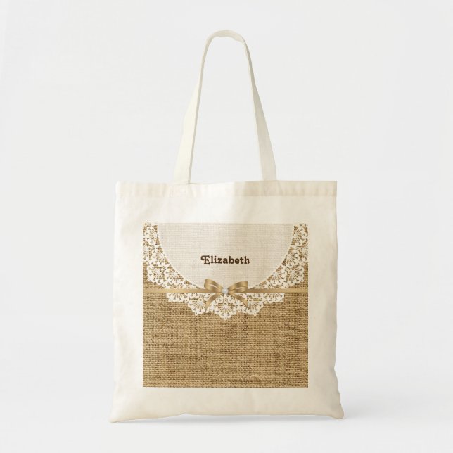 Bolsa Tote Branca com rendas e burlap naturais de linho (Frente)