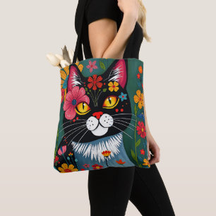 Bolsa Tote Branca e Gato de Arte Foliar e Flores