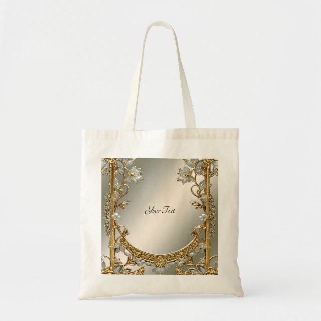 Bolsa Tote Branca Floral Dourada Ornamentada (Frente)