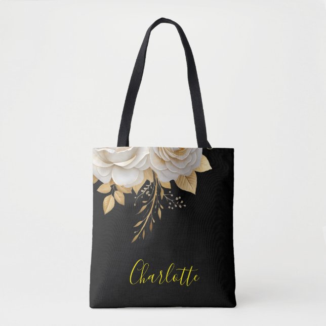 Bolsa Tote Branca Floral e Dourada Banheira Personalizada - P (Frente)