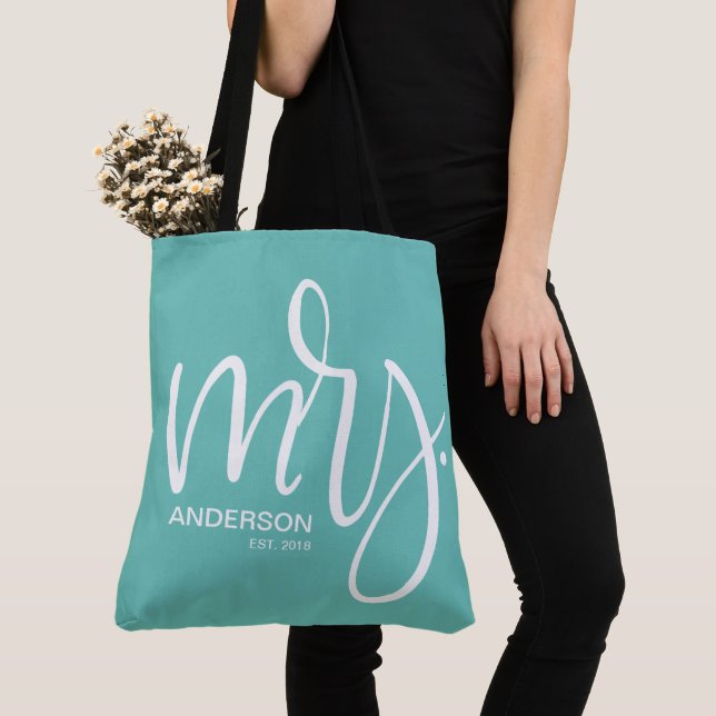 Bolsa Tote Branca, personalizada teal Sra. ESTABLISHED (Close Up)