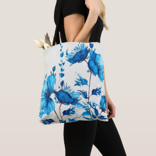 BOLSA TOTE BRANCO COM FLORES AZUIS BONITO DE COR DA ÁGUA