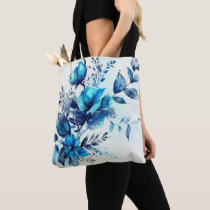 BOLSA TOTE BRANCO COM FLORES AZUIS BONITO DE COR DA ÁGUA