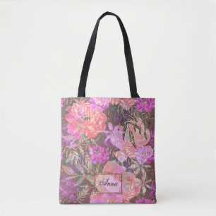 Bolsa Tote Branco, cor-de-rosa, vermelho, peônias, flores