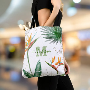 Bolsa Tote Branco Dourado de Script Floral da Ilha Tropical M