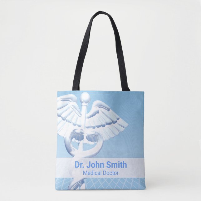 Bolsa Tote Branco Médico Caduceu Azul Design 3D (Frente)