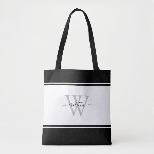 Bolsa Tote Branco preto com Script Moderno Monograma (Frente)