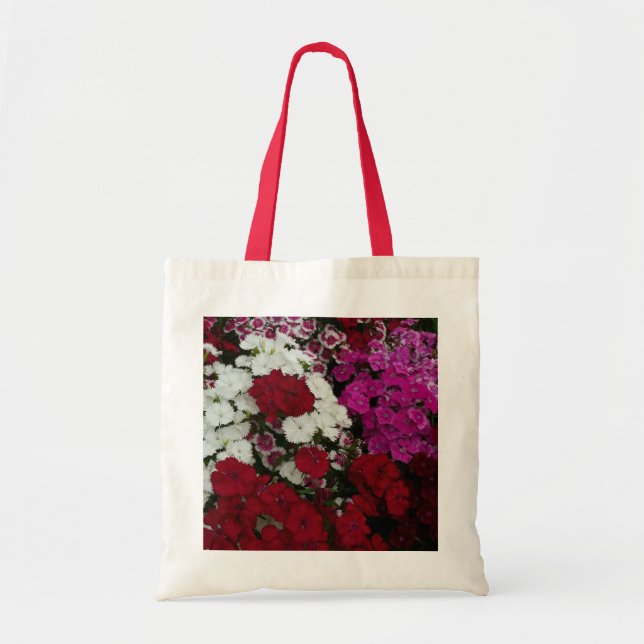 Bolsa Tote Branco, Rosa e Vermelho Dianthus Floral (Frente)