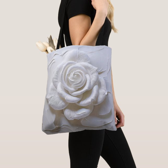 Bolsa Tote Branco sobre Branco - Rosa Esculpida (Close Up)