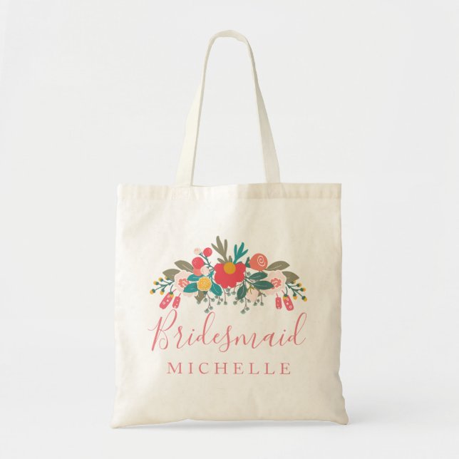Bolsa Tote Bridesmaid, Buquê Floral rosa, com nome (Frente)