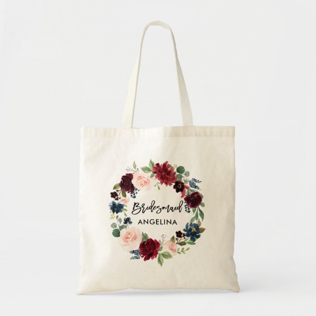 Bolsa Tote Bridesmaid Burgundy Blue Floral (Frente)