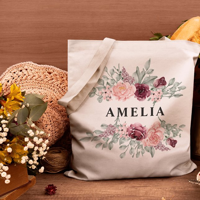Bolsa Tote Bridesmaid Burgundy e Pink Floral Monographic Name (Criador carregado)