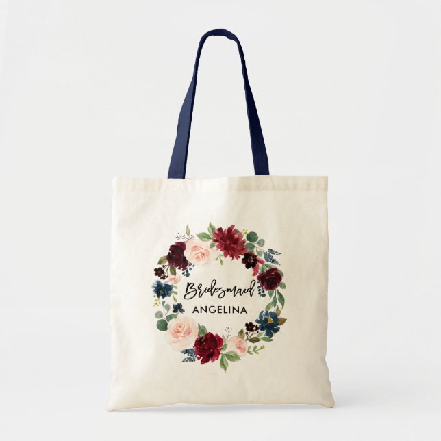 Bolsa Tote Bridesmaid Burgundy Floral Blue (Frente)