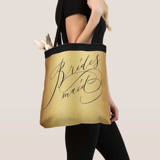 Bolsa Tote Bridesmaid de Script Preto Dourado Elegante (Close Up)
