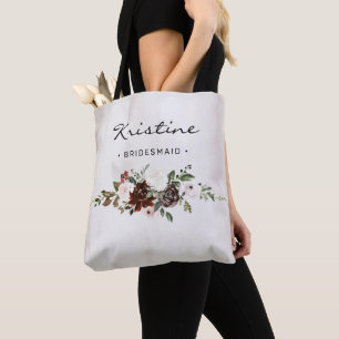 Bolsa Tote Bridesmaid de Script Preto Floral Rosa Boho Burgun