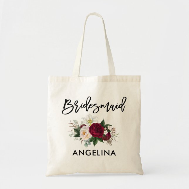 Bolsa Tote Bridesmaid Floral Botânica de Script de Pincel (Frente)
