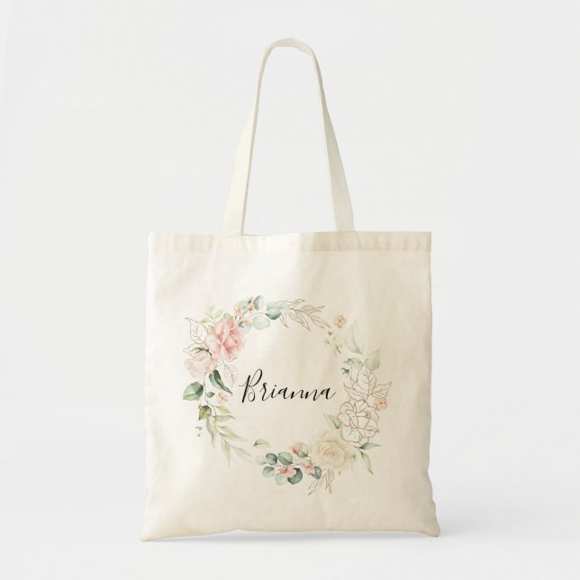 Bolsa Tote Bridesmaid Floral da Folhagem Verde Dourada (Frente)