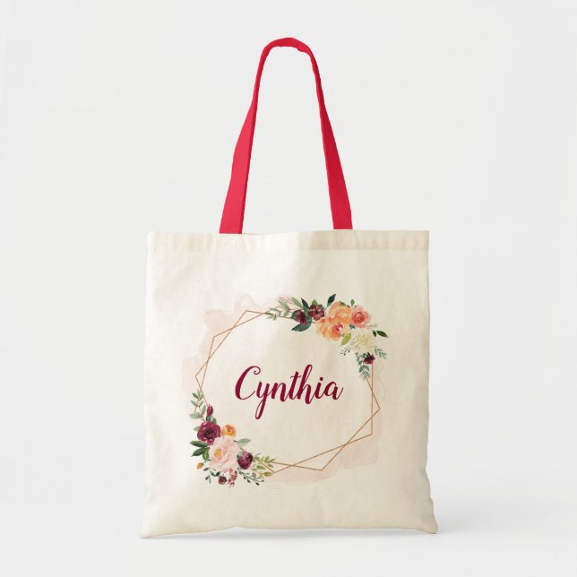 Bolsa Tote Bridesmaid Floral de Quadro Dourado Geométrico Mod (Frente)