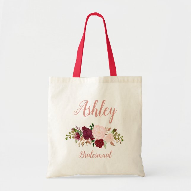 Bolsa Tote Bridesmaid Floral Personalizada Pink Marsala (Frente)