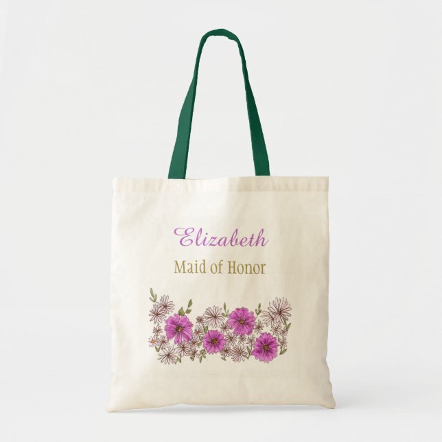 Bolsa Tote Bridesmaid Floral Púrpura Rosa com Nome (Frente)