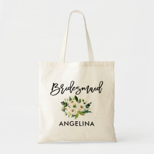 Bolsa Tote Bridesmaid Floral Verde com Script de Pincel Moder