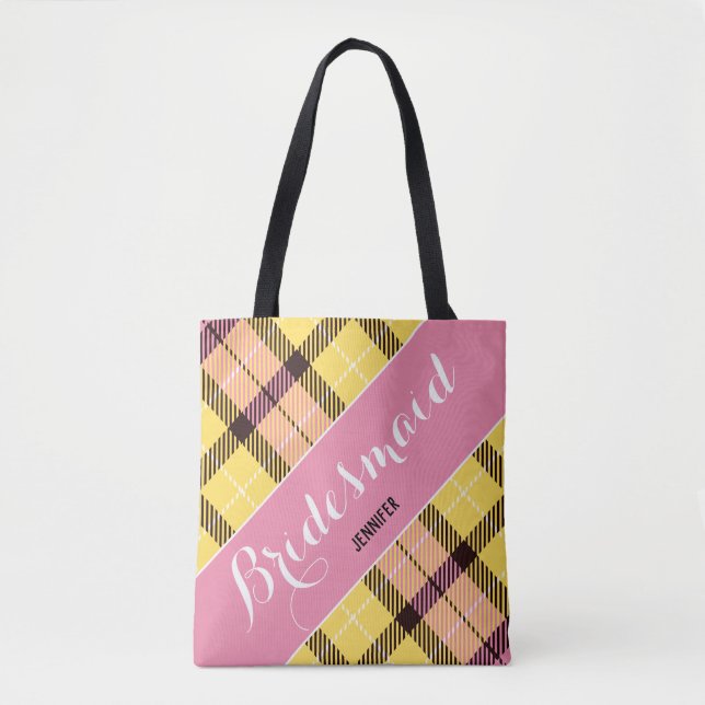 Bolsa Tote Bridesmaid Gift Nome Personalizado Tartan Simples (Frente)
