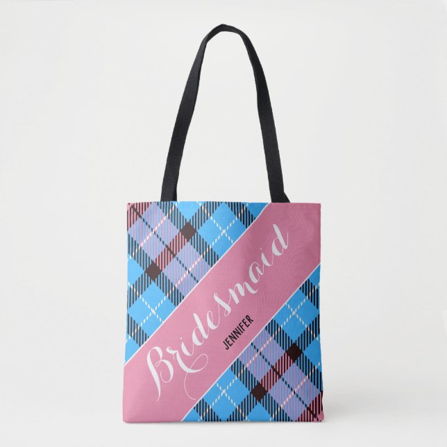 Bolsa Tote Bridesmaid Gift Nome Personalizado Tartan Simples (Frente)