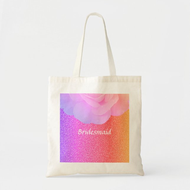 Bolsa Tote Bridesmaid Glittery Pink Rose Gold Floral (Frente)