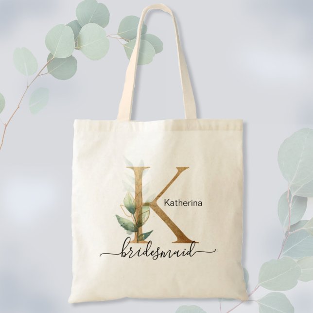 Bolsa Tote Bridesmaid Leaf Greenery Foliage Monograma "K" (Criador carregado)