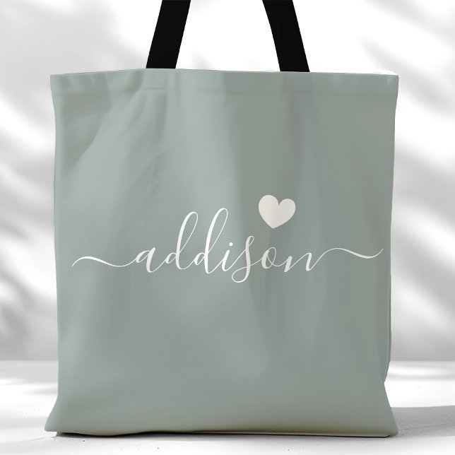 Bolsa Tote Bridesmaid Modern Script Heart Sage Green (Criador carregado)