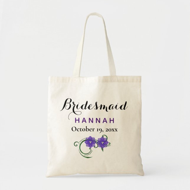 Bolsa Tote Bridesmaid Modern Typografia Purple Floral Casamen (Frente)