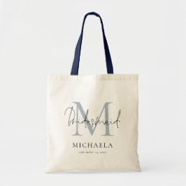 Bolsa Tote Bridesmaid Monograma Nome Inicial Script Dusty Blu